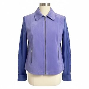 AMI Periwinkle Leather Jacket Knit Sleeve Zip Moto Vintage Womens Medium Pastel
